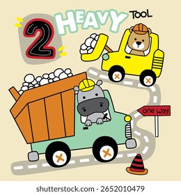 Cartoon bear and hippo operating heavy construction trucks filled with rocks on curved road with signs. Construction concept
