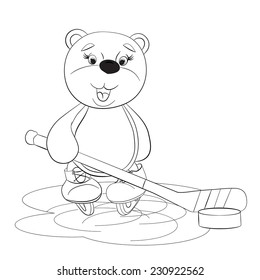 Cartoon bear hockey player chasing the puck stick. Coloring book.