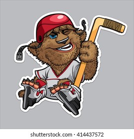 cartoon bear hockey player with a stick in a red hat and ice skating