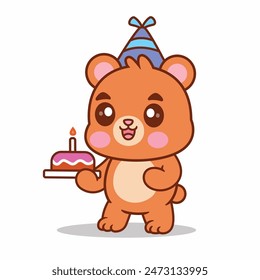 Cartoon Bear Holding a Birthday Cake Vector Illustration. Animals Food And Drink.