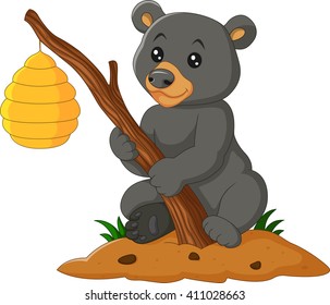 Cartoon bear holding branch with bee hive
