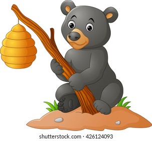 Cartoon bear holding branch with bee hive