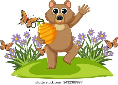 Cartoon bear holding honey with butterflies around.