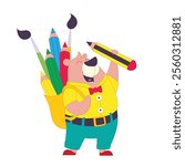 Cartoon bear holding a pencil and carrying a backpack filled with pencils and paintbrushes, education themed.