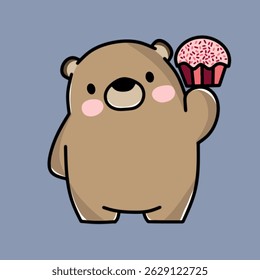 Cartoon bear holding a pink cupcake. Sweet and happy expression. Perfect for birthday designs, bakery themes, or kids' party graphics.