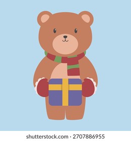Un oso de dibujos animados sostiene un regalo en un fondo azul claro. El oso es marrón, lleva una bufanda roja y verde, mitones rojos y sostiene una caja de regalo púrpura con una cinta amarilla.