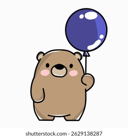 Urso de desenho animado segurando um balão roxo com uma expressão feliz. Ótimo para temas, celebrações e festas infantis.
