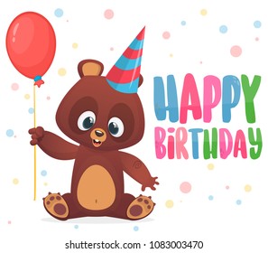 Cartoon bear holding a red balloon. Happy birthday greetings postcard with typography title. Vector illustration. Design for party decoration print