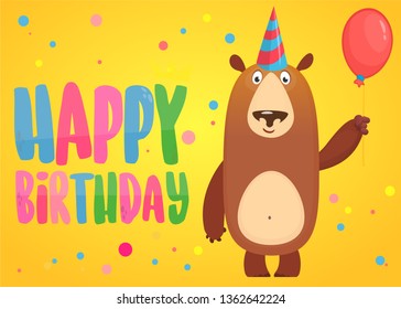 Cartoon bear holding a red balloon celebrating holiday. Happy birthday greetings cartoon style postcard illustration
