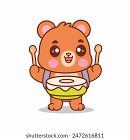 Cartoon Bear Holding Sticks Playing Funny Drums Vector Illustration. Animals,Holidays.