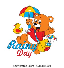 cartoon bear holding an umbrella in the rain, vector illustration