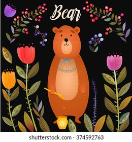 Cartoon bear with honey and flowers