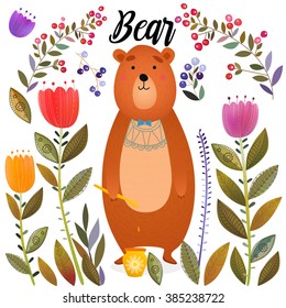 Cartoon bear with honey jar surrounded by flowers.
