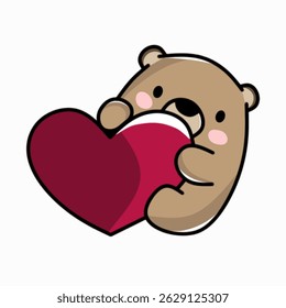 Cartoon bear hugging a big red heart. Symbol of love and affection. Great for Valentine’s Day, love cards, and romantic projects.
