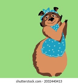 Cartoon bear with human traits and attributes. She-bear in a blue headdress and apron.