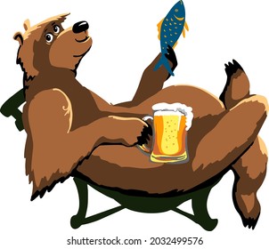 La caricatura tiene rasgos y atributos humanos. El oso bebebedor con cerveza en una cómoda silla.