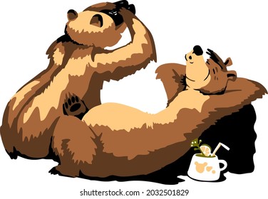 Cartoon bear with human traits and attributes. Resting friends Bears.