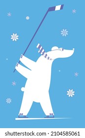 Cartoon bear an ice hockey player illustration. 
Cartoon polar bear plays ice hockey white on blue background
