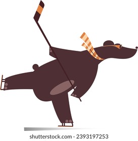 Cartoon bear an ice hockey player illustration. 
Cartoon bear plays ice hockey. Isolated on white background
