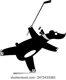 Cartoon bear an ice hockey player. 
Cute bear plays ice hockey. Black and white illustration
