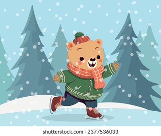 Cartoon bear ice skates. Character glides on one leg figure skating. Snowy forest on the background. Holiday card design.