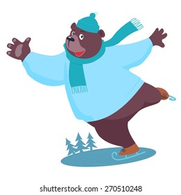 Cartoon Bear ice skating wearing sweater, scarf and hat.