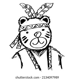 Cartoon Bear Indian. Vector Illustration of a Cute Bear  with Feathers.