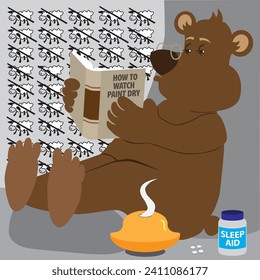 A cartoon bear with insomnia is trying several different ways to fall asleep and hibernate