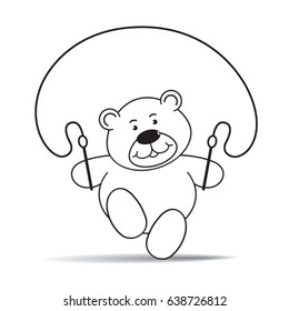 cartoon bear jumping rope happily in black-vector drawing