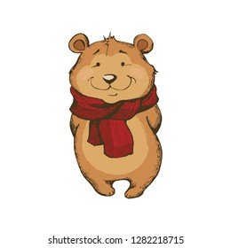 cartoon bear with a knitted scarf .vector illustration, design, icon, sticker
