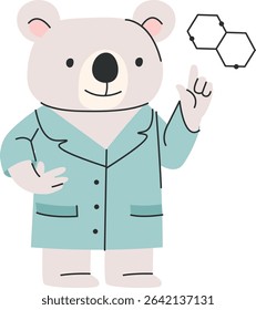A cartoon bear in a lab coat points to a molecular structure in a playful style. The bear scientist gestures at a chemical diagram with a friendly expression. Cartoon vector illustration.