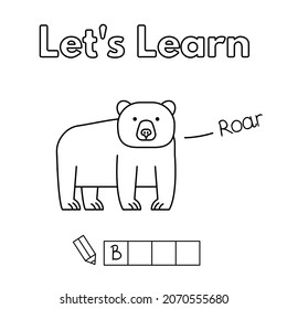 Cartoon bear learning game for small children - color and write the word. Vector coloring book pages for kids