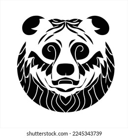 Cartoon Bear logo design vector icon symbol illustration. A panda bear's face with a bow on its head, in a black and white illustration on a white background