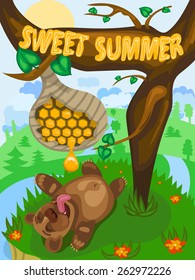 Cartoon bear lying under the tree. A drop of honey dripping on his tongue. EPS 10