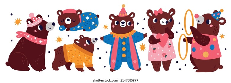 Cartoon Bear With Objects. Funny Animal Characters. Circus Costumes And Attributes. Forest Mascot Sleeping Or Juggling. Grizzly In Clown Clothes Or Hat. Vector Mammals