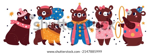 Cartoon bear with objects.\
Funny animal characters. Circus costumes and attributes. Forest\
mascot sleeping or juggling. Grizzly in clown clothes or hat.\
Vector mammals