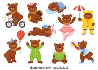 Oso de caricatura con objetos. Animal de Woodland con disfraces divertidos, bonito personaje de mamífero marrón, humor pardo, diferentes poses, monta en bicicleta y lee libros, celebra su cumpleaños, reciente juego de vectores