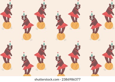 cartoon bear on ball - seamless vintage background