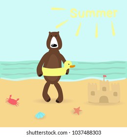 cartoon bear on the beach in summer