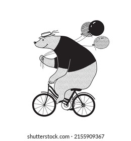 cartoon bear on bicycle with air balloons, vector clipart, holiday illustration good for card and print design