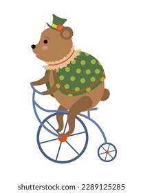 A cartoon bear on a bike with a green top and a green top hat. Circus animal illustration.