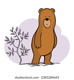 Cartoon bear on forest background. Puzzled face. Tree foliage. Funny and clumsy character for children. Wild animal. Character for a postcard. Vector isolated animal illustration. Hand drawn line