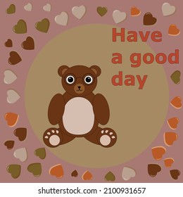 Cartoon bear on a monochrome background with hearts. cute little toy, design for children