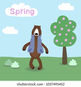 Cartoon bear on spring background.