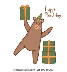 Cartoon bear with party gifts and birthday message. Vector illustration with green and orange gift boxes and a birthday greeting. Perfect design for kids party invitations and festive posters