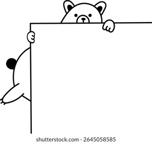 A cartoon bear peeks over a blank sign in a simple line drawing style. The bear's curious expression adds a playful touch to the empty space. Cartoon vector illustration.