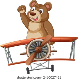 Cartoon bear piloting an old-fashioned aircraft