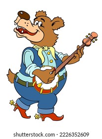 Cartoon bear playing the banjo. Funny bear in blue jeans plays the banjo. Vector color image of a musician bear isolated on white.