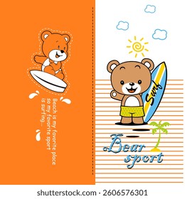 Cartoon bear playing beach surfing, vector illustration