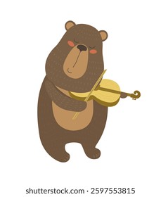 Cartoon bear playing violin with a serene expression, isolated on white background.